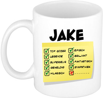 Bellatio Decorations Naam mok Jake - wit - top gozer - keramiek - 300 ml - cadeau collega beker Geel