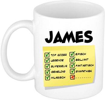 Bellatio Decorations Naam mok James - wit - top gozer - keramiek - 300 ml - cadeau collega beker