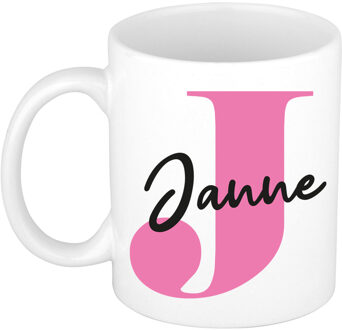 Bellatio Decorations Naam mok Janne - roze - wit - keramiek - 300 ml - verjaardag/cadeau beker Fuchsia