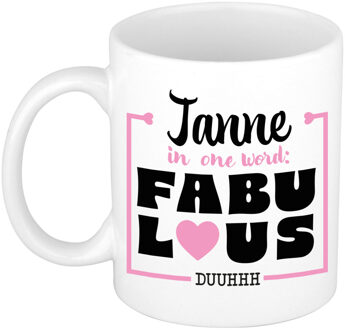 Bellatio Decorations Naam mok Janne - wit - Fabulous - keramiek - 300 ml - cadeau collega beker Roze