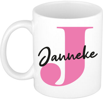 Bellatio Decorations Naam mok Janneke - roze - wit - keramiek - 300 ml - verjaardag/cadeau beker Fuchsia