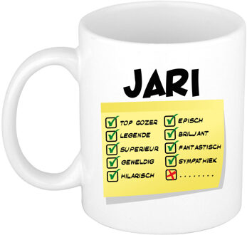 Bellatio Decorations Naam mok Jari - wit - top gozer - keramiek - 300 ml - cadeau collega beker Geel