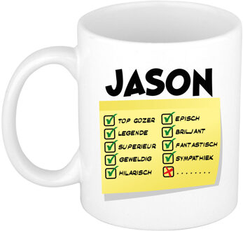 Bellatio Decorations Naam mok Jason - wit - top gozer - keramiek - 300 ml - cadeau collega beker Geel