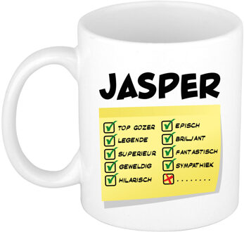 Bellatio Decorations Naam mok Jasper - wit - top gozer - keramiek - 300 ml - cadeau collega beker Geel