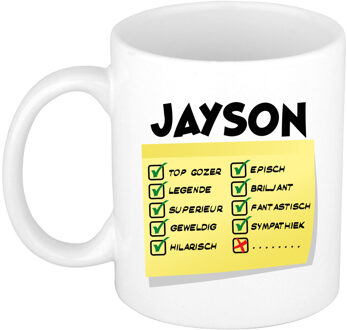 Bellatio Decorations Naam mok Jayson - wit - top gozer - keramiek - 300 ml - cadeau collega beker Geel