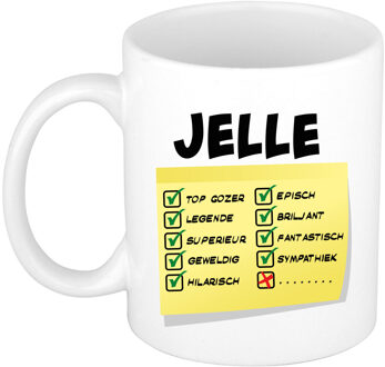 Bellatio Decorations Naam mok Jelle - wit - top gozer - keramiek - 300 ml - cadeau collega beker Geel