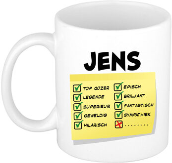 Bellatio Decorations Naam mok Jens - wit - top gozer - keramiek - 300 ml - cadeau collega beker Geel