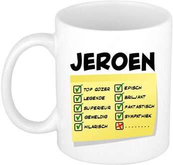 Bellatio Decorations Naam mok Jeroen - wit - top gozer - keramiek - 300 ml - cadeau collega beker Geel