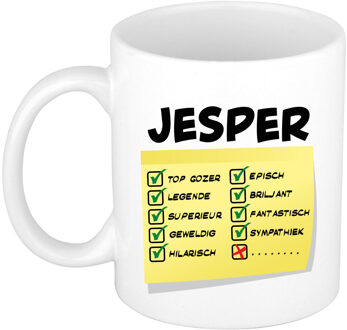 Bellatio Decorations Naam mok Jesper - wit - top gozer - keramiek - 300 ml - cadeau collega beker Geel