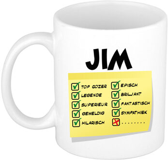 Bellatio Decorations Naam mok Jim - wit - top gozer - keramiek - 300 ml - cadeau collega beker