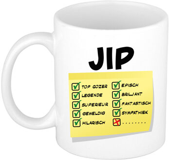 Bellatio Decorations Naam mok Jip - wit - top gozer - keramiek - 300 ml - cadeau collega beker Geel