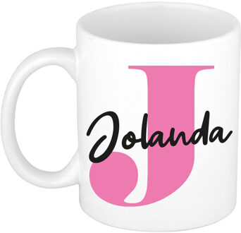 Bellatio Decorations Naam mok Jolanda - roze - wit - keramiek - 300 ml - verjaardag/cadeau beker Fuchsia