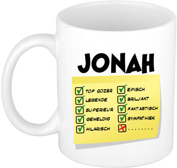 Bellatio Decorations Naam mok Jonah - wit - top gozer - keramiek - 300 ml - cadeau collega beker