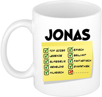 Bellatio Decorations Naam mok Jonas - wit - top gozer - keramiek - 300 ml - cadeau collega beker