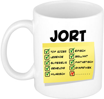 Bellatio Decorations Naam mok Jort - wit - top gozer - keramiek - 300 ml - cadeau collega beker