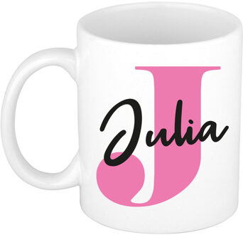 Bellatio Decorations Naam mok Julia - roze - wit - keramiek - 300 ml - verjaardag/cadeau beker