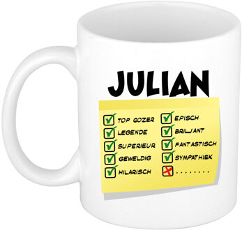 Bellatio Decorations Naam mok Julian - wit - top gozer - keramiek - 300 ml - cadeau collega beker Geel