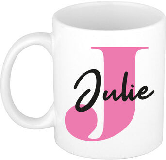 Bellatio Decorations Naam mok Julie - roze - wit - keramiek - 300 ml - verjaardag/cadeau beker