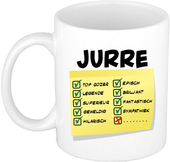 Bellatio Decorations Naam mok Jurre - wit - top gozer - keramiek - 300 ml - cadeau collega beker Geel