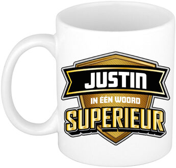 Bellatio Decorations Naam mok Justin - wit - Superieur - keramiek - 300 ml - cadeau collega beker