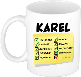 Bellatio Decorations Naam mok Karel - wit - top gozer - keramiek - 300 ml - cadeau collega beker Geel