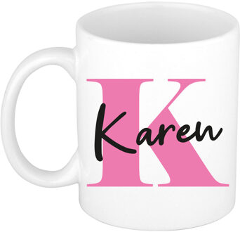 Bellatio Decorations Naam mok Karen - roze - wit - keramiek - 300 ml - verjaardag/cadeau beker Fuchsia