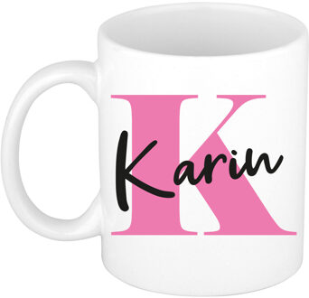 Bellatio Decorations Naam mok Karin - roze - wit - keramiek - 300 ml - verjaardag/cadeau beker Fuchsia