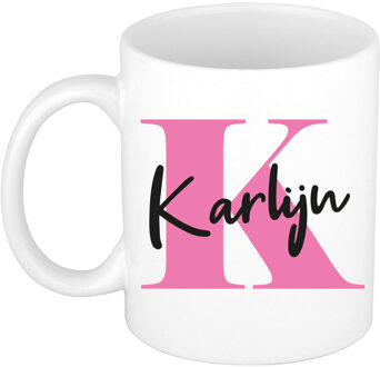 Bellatio Decorations Naam mok Karlijn - roze - wit - keramiek - 300 ml - verjaardag/cadeau beker