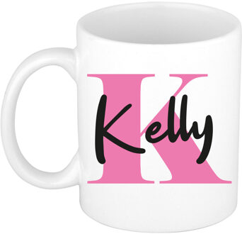 Bellatio Decorations Naam mok Kelly - roze - wit - keramiek - 300 ml - verjaardag/cadeau beker Fuchsia