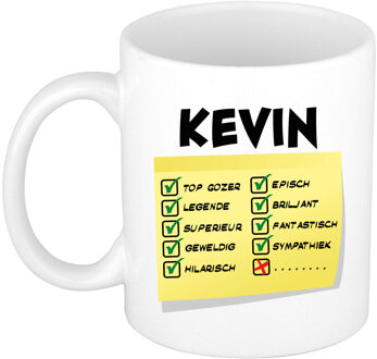 Bellatio Decorations Naam mok Kevin - wit - top gozer - keramiek - 300 ml - cadeau collega beker Geel