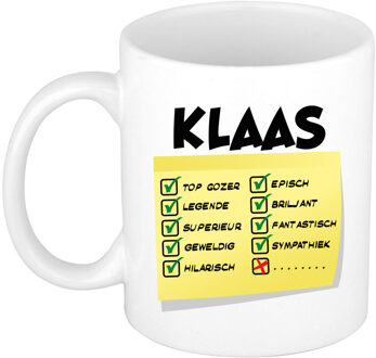 Bellatio Decorations Naam mok Klaas - wit - top gozer - keramiek - 300 ml - cadeau collega beker Geel