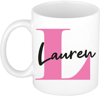 Bellatio Decorations Naam mok Lauren - roze - wit - keramiek - 300 ml - verjaardag/cadeau beker Fuchsia