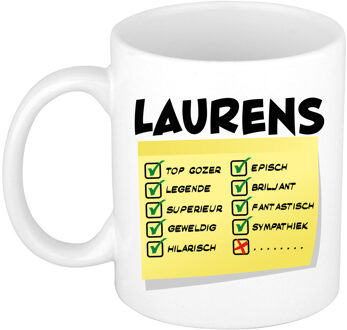 Bellatio Decorations Naam mok Laurens - wit - top gozer - keramiek - 300 ml - cadeau collega beker Geel