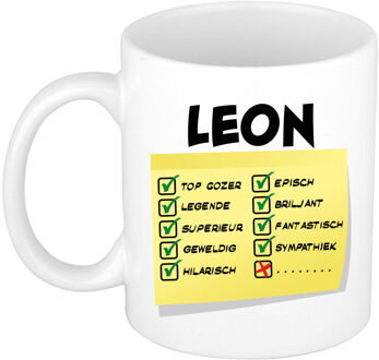 Bellatio Decorations Naam mok Leon - wit - top gozer - keramiek - 300 ml - cadeau collega beker Geel