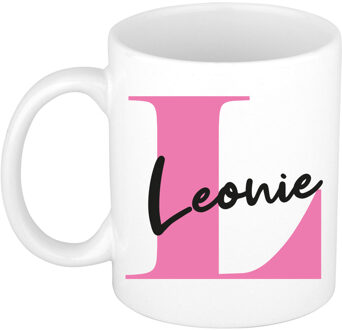 Bellatio Decorations Naam mok Leonie - roze - wit - keramiek - 300 ml - verjaardag/cadeau beker