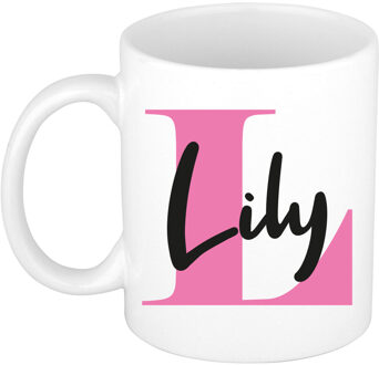 Bellatio Decorations Naam mok Lily - roze - wit - keramiek - 300 ml - verjaardag/cadeau beker