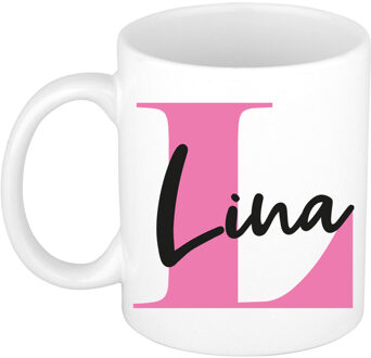 Bellatio Decorations Naam mok Lina - roze - wit - keramiek - 300 ml - verjaardag/cadeau beker