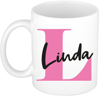 Bellatio Decorations Naam mok Linda - roze - wit - keramiek - 300 ml - verjaardag/cadeau beker
