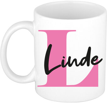 Bellatio Decorations Naam mok Linde - roze - wit - keramiek - 300 ml - verjaardag/cadeau beker