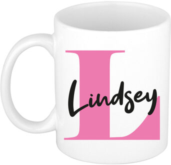 Bellatio Decorations Naam mok Lindsey - roze - wit - keramiek - 300 ml - verjaardag/cadeau beker