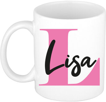 Bellatio Decorations Naam mok Lisa - roze - wit - keramiek - 300 ml - verjaardag/cadeau beker
