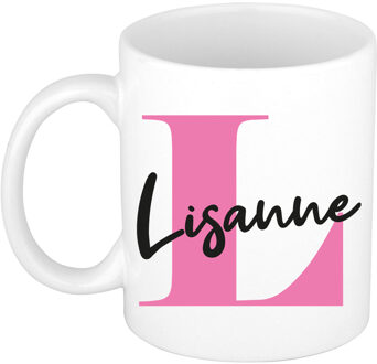 Bellatio Decorations Naam mok Lisanne - roze - wit - keramiek - 300 ml - verjaardag/cadeau beker