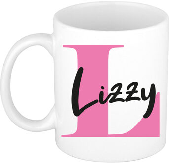 Bellatio Decorations Naam mok Lizzy - roze - wit - keramiek - 300 ml - verjaardag/cadeau beker Fuchsia