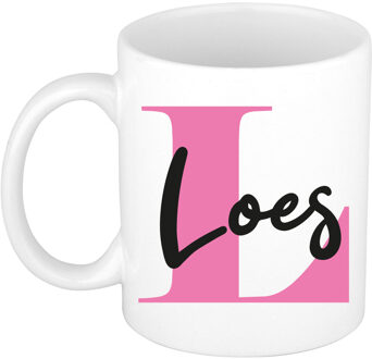 Bellatio Decorations Naam mok Loes - roze - wit - keramiek - 300 ml - verjaardag/cadeau beker