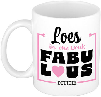 Bellatio Decorations Naam mok Loes - wit - Fabulous - keramiek - 300 ml - cadeau collega beker Roze