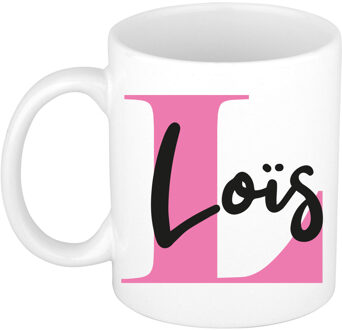Bellatio Decorations Naam mok Lois - roze - wit - keramiek - 300 ml - verjaardag/cadeau beker