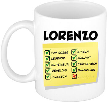 Bellatio Decorations Naam mok Lorenzo - wit - top gozer - keramiek - 300 ml - cadeau collega beker