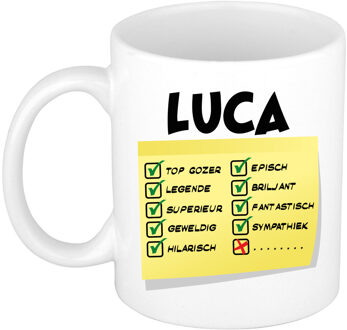 Bellatio Decorations Naam mok Luca - wit - top gozer - keramiek - 300 ml - cadeau collega beker Geel