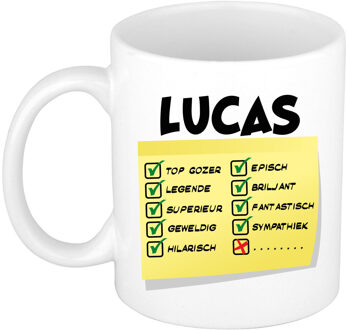 Bellatio Decorations Naam mok Lucas - wit - top gozer - keramiek - 300 ml - cadeau collega beker