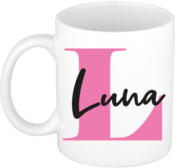 Bellatio Decorations Naam mok Luna - roze - wit - keramiek - 300 ml - verjaardag/cadeau beker Fuchsia